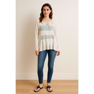 Free People Soft Cream Floral Tunic Top S Cottagecore Peplum Boho Chic Romantic